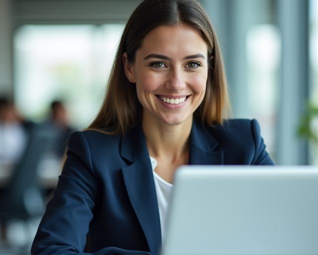 Professionista sorridente che celebra un successo lavorativo in un ufficio moderno